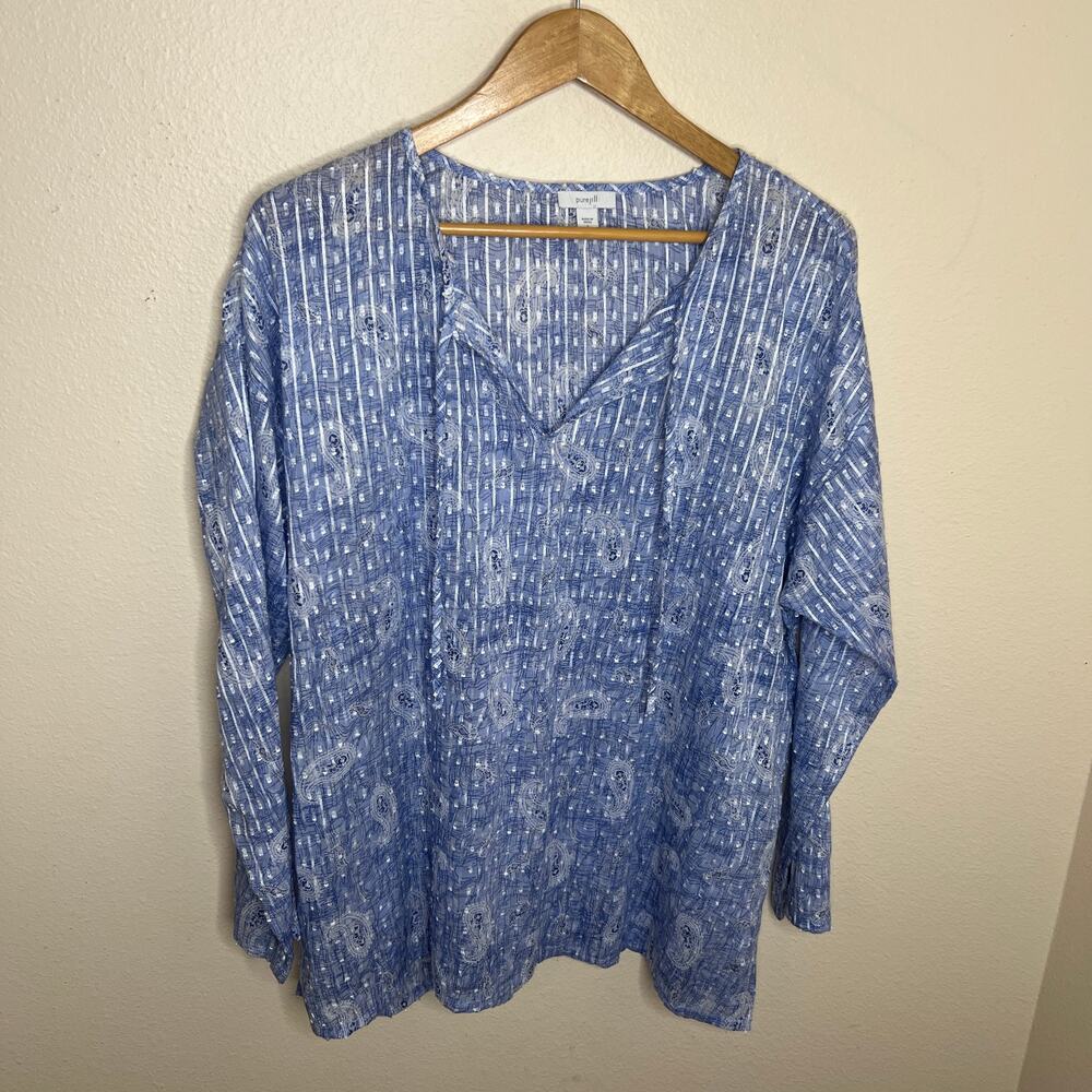 Pure Jill Blue Embroidered Roll Sleeve Paisley Blouse Large